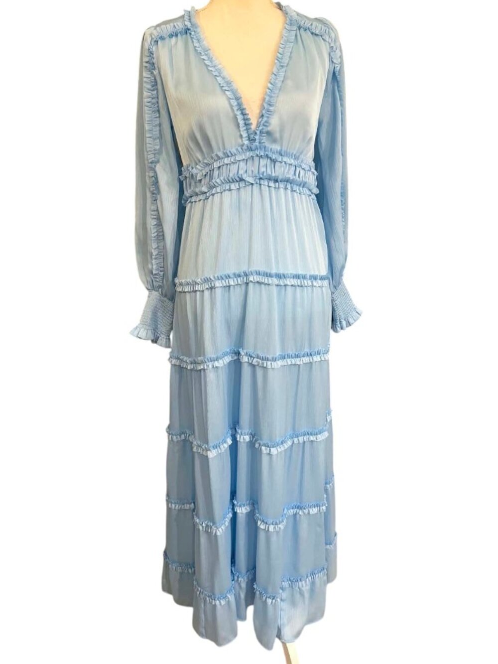 Chelsea & Violet Plisse Satin Ruffle Deep V-Neck Long Sleeve Sleeve Maxi Dress